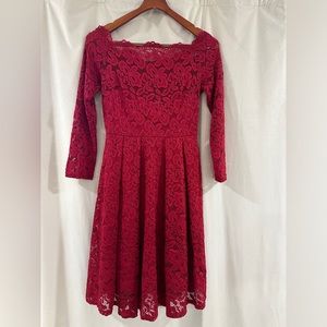 Miusol Off Shoulder Red Long Sleeve Lace Dress